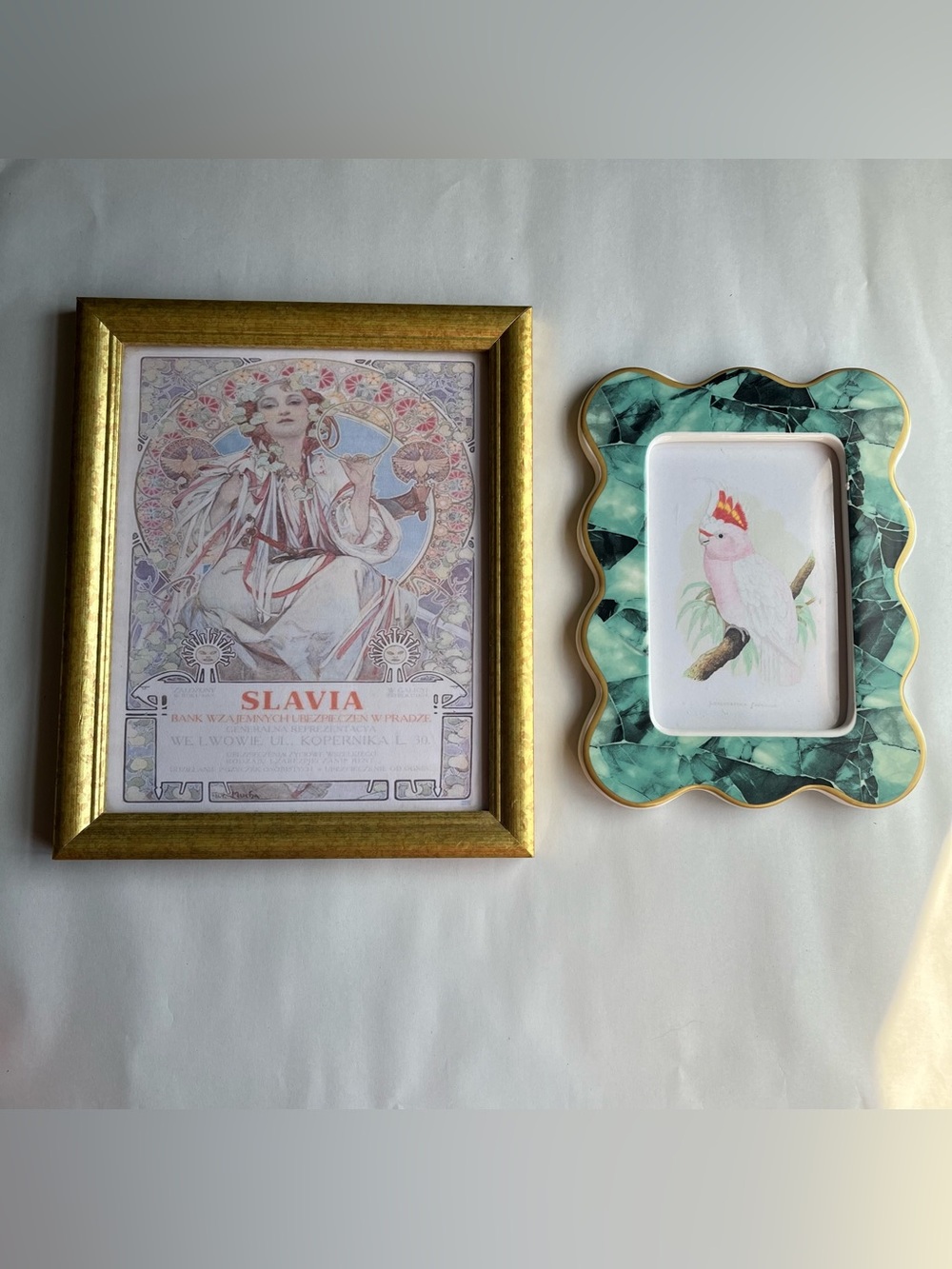 Vintage Mixed Matls Wood & Ceramic Frames w/ Fine Art Prints-Set of 2